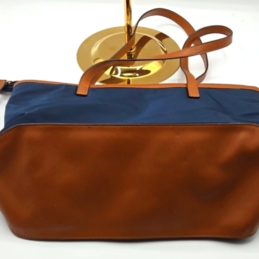 MICHAEL KORS Medium Nylon Tote Navy w/ Cognac Straps Gold MK 🔐 - Picture 9 of 11